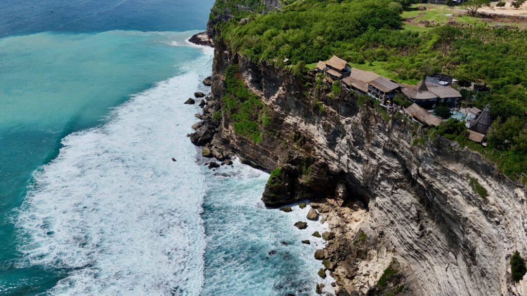 Aerial view of the clifftop coastline near Uluwatu in southern Bali