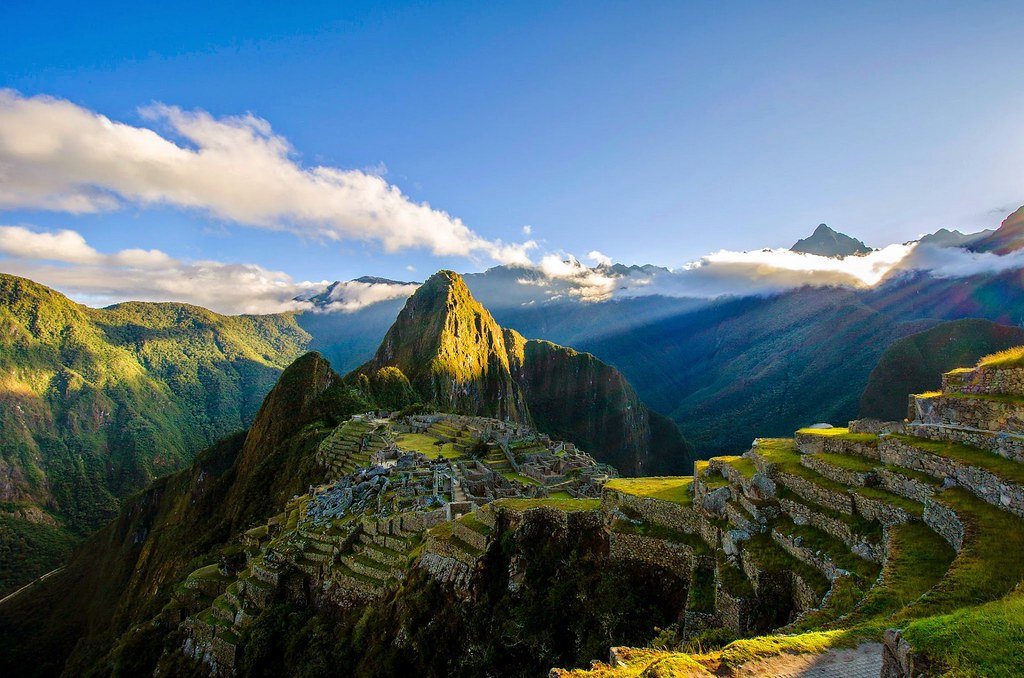 The ruins of Machu Picchu in Peru with Huayna Picchu behind