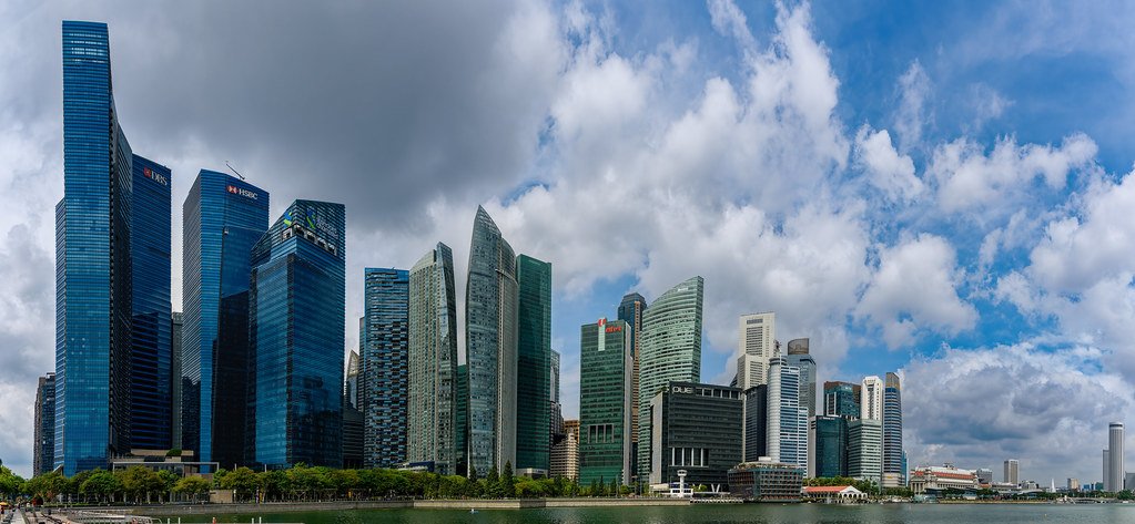 Panoramic view of the Singapore skyline across Marina Bay