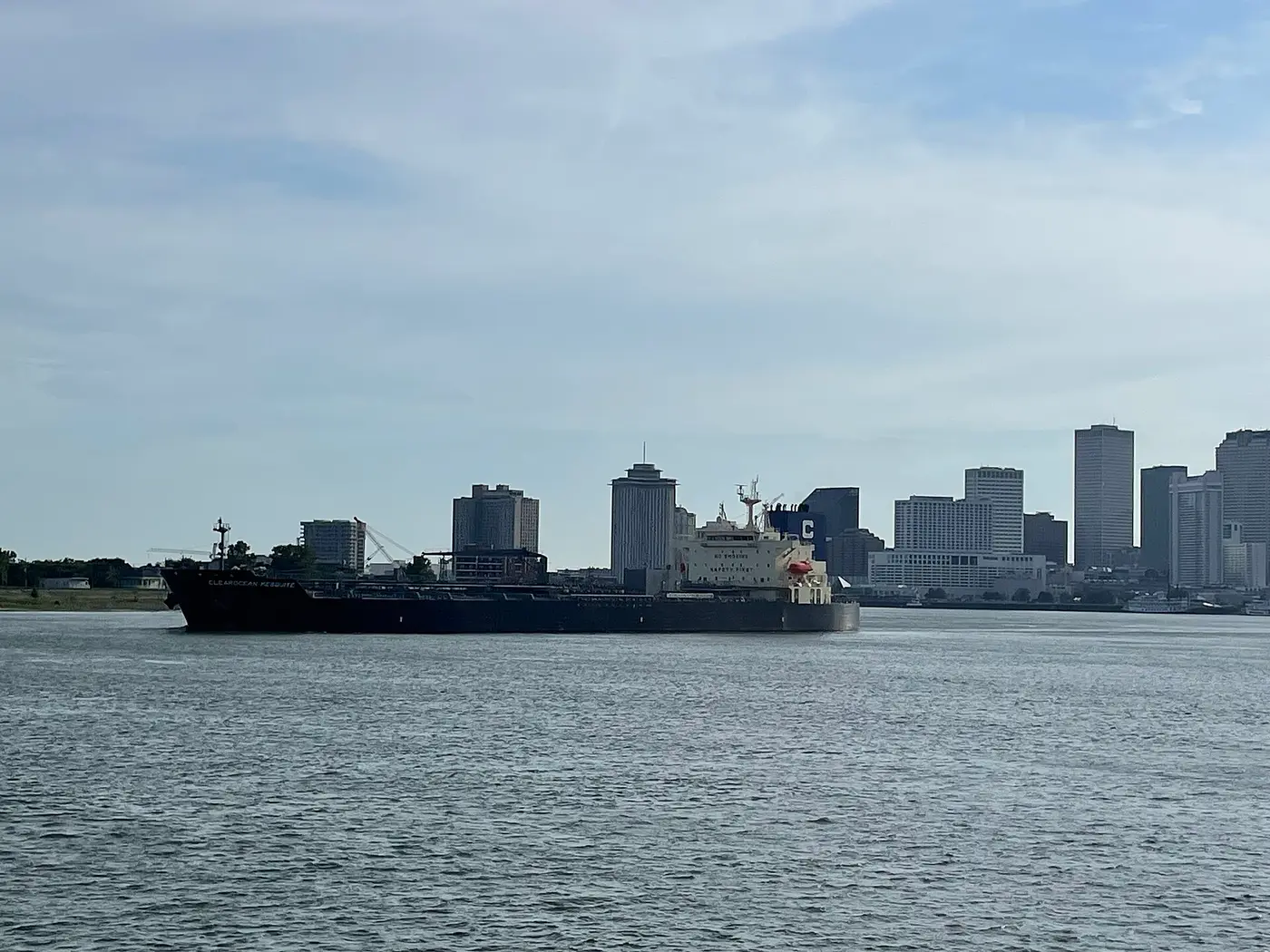 New Orleans skyline and waterfront viewed across the Mississippi River